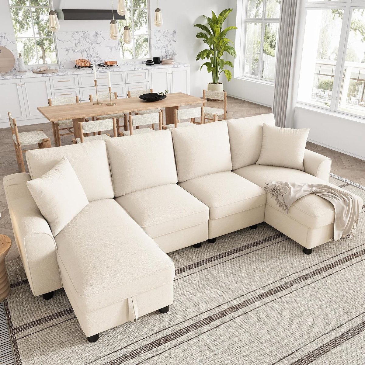 Chenille bank 280 cm, 4-zits woonlandschap met 2 chaiselongues en opbergruimte, modulaire hoekbank met kussen, moderne woonkamerbank, beige