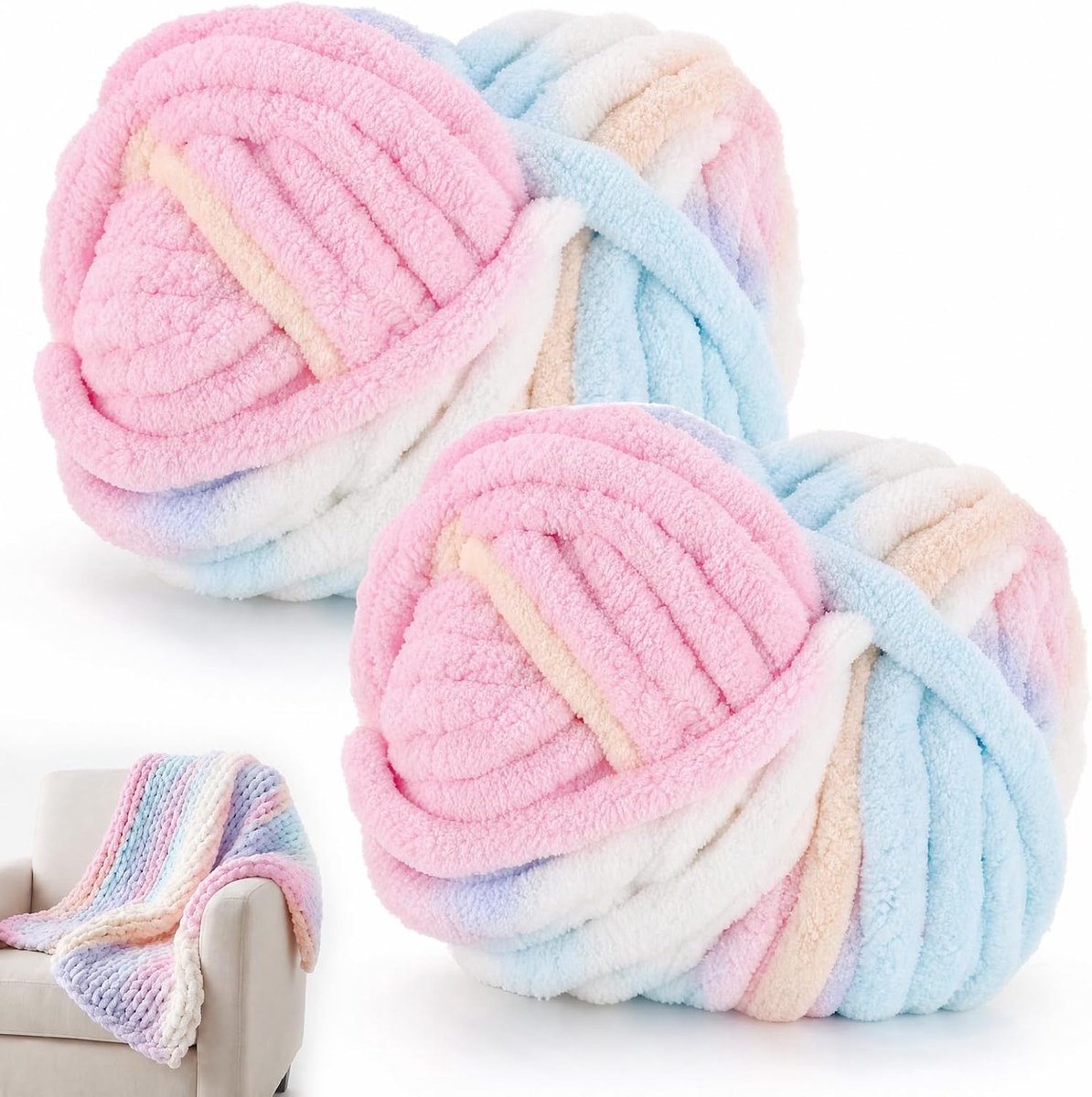 Wol om te breien, 250 g x 2 chunky garen voor handbreien, wollige zachte wol, XXL-armbreiwol voor het haken van deken, sjaals, mutsen, huisdiernest (20 suikerwatten)