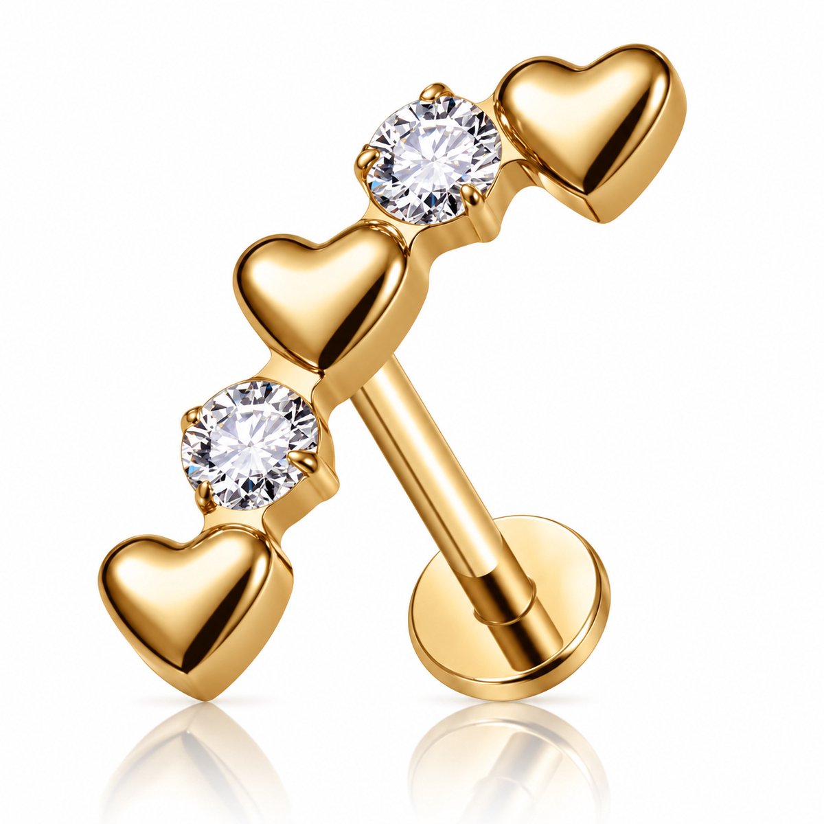 Maevi® Piercing voor Oor - Kleur: Goud - Formaat: 1.2 x 8 MM - Tragus / Kraakbeen / Helix / Conch - Oorpiercing - 18K Goldplated / Titanium - Hoge Kwaliteit - Labret - Luxe Sieraad - Oorbellen - Hart / Love / Heart - Incl. Luxe Verpakking