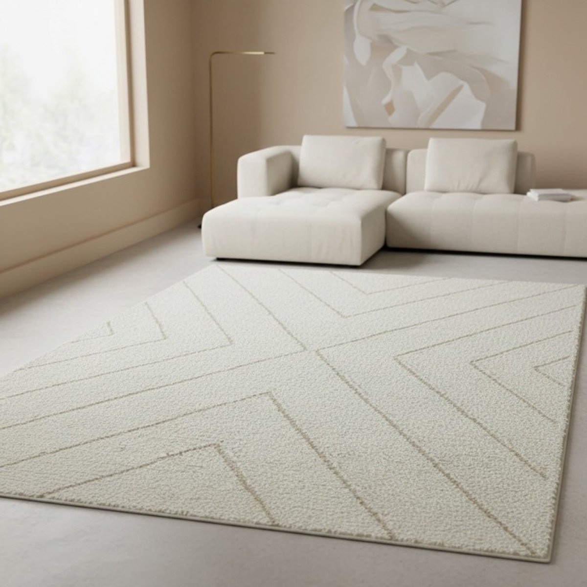 TapisTrend Harig tapijt Crème 160x230 cm Hoogpolig vloerkleed met geometrisch chevronpatroon voor de woonkamer en slaapkamer Beige