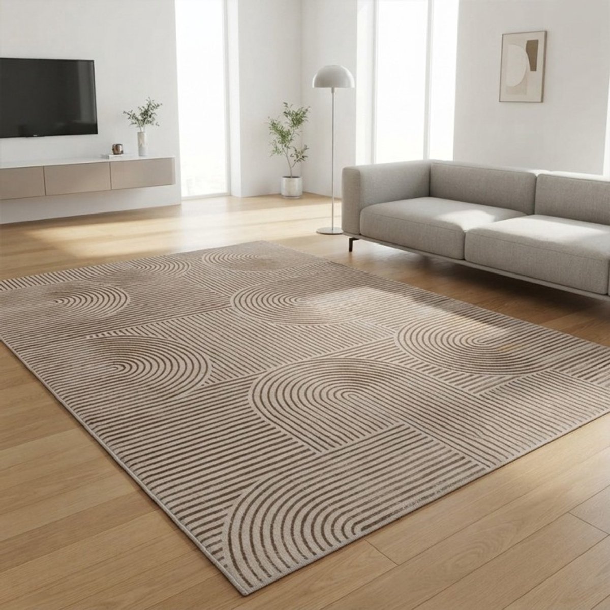 TapisTrend Designer tapijt Beige Modern vloerkleed met geometrisch reliëf, afgeronde lijnen, minimalistisch design, antislip, woonkamer, foto 3