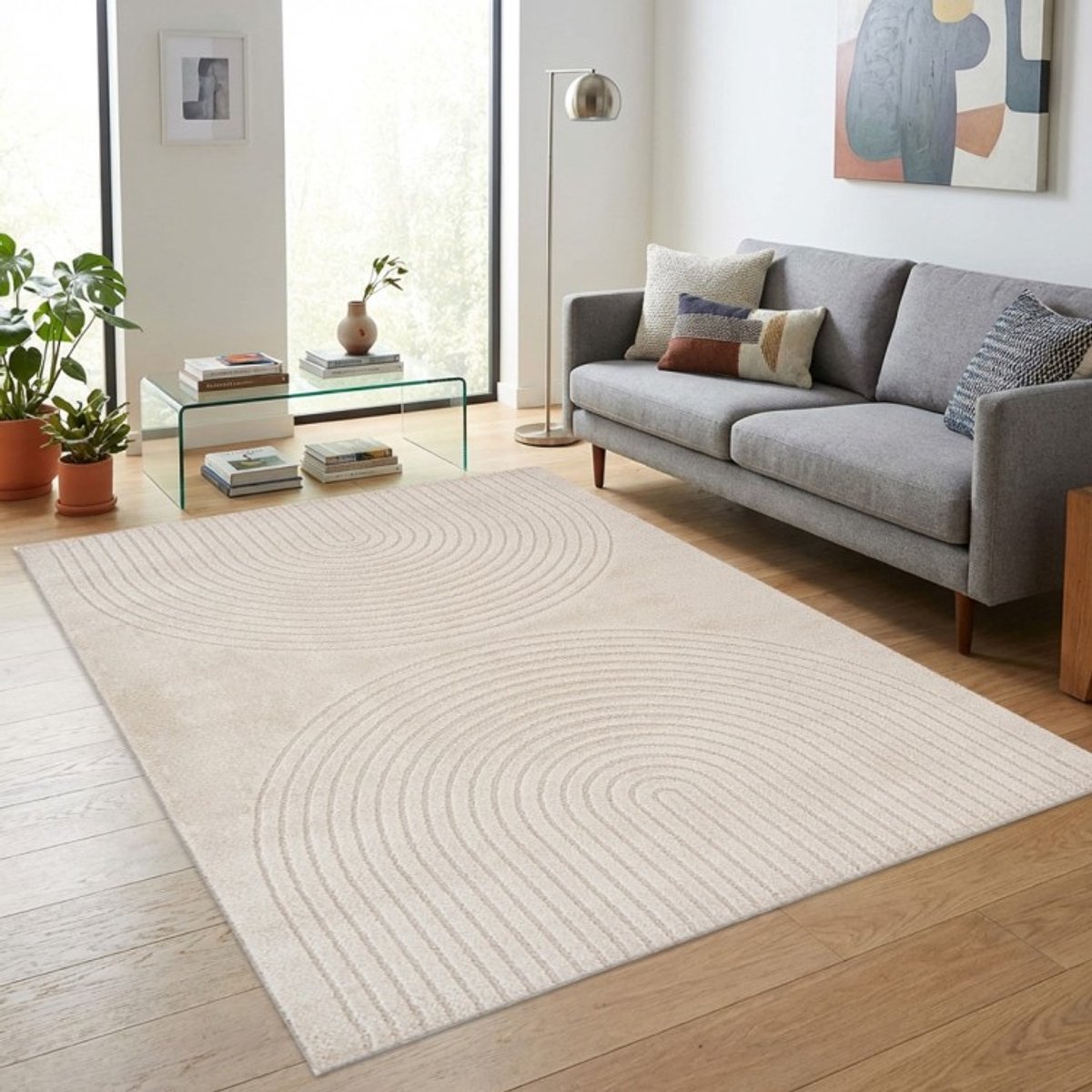 TapisTrend Designer tapijt Beige 160x220 cm Modern vloerkleed met dubbele concentrische bogen in reliëf voor woonkamer, slaapkamer en eetkamer