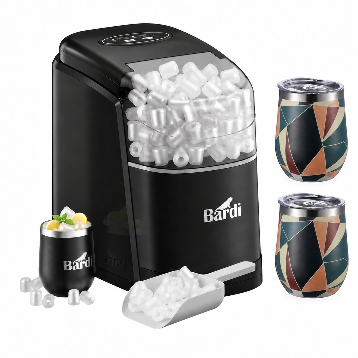 Bardi IJsblokjesmachine Set - 1.6L Zwart - Zelfreinigingsfunctie - IJsblokmaker met IJsschep -met IJsschep - Inclusief Luxe 3 Thermosbekers en Ijsschep- Abstract Colours
