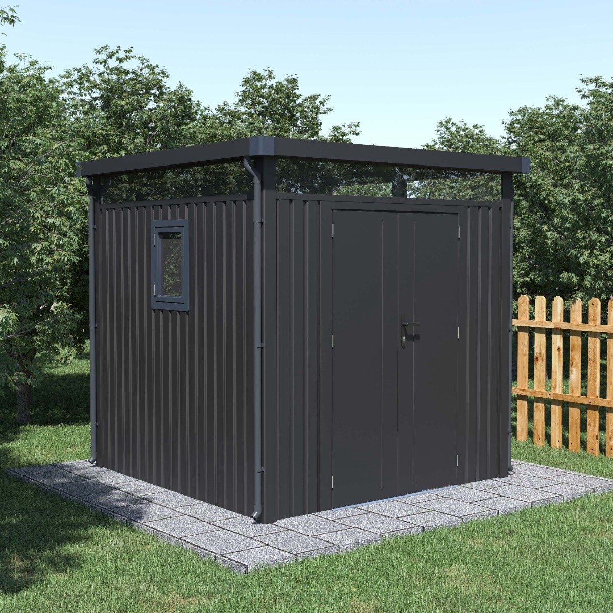 Rockford Lagos 100 metalen tuinhuis met platdak - Tuinschuur met centraal slot, polycarbonaat ramen en regenpijpen - 230 x 230 cm - Antraciet