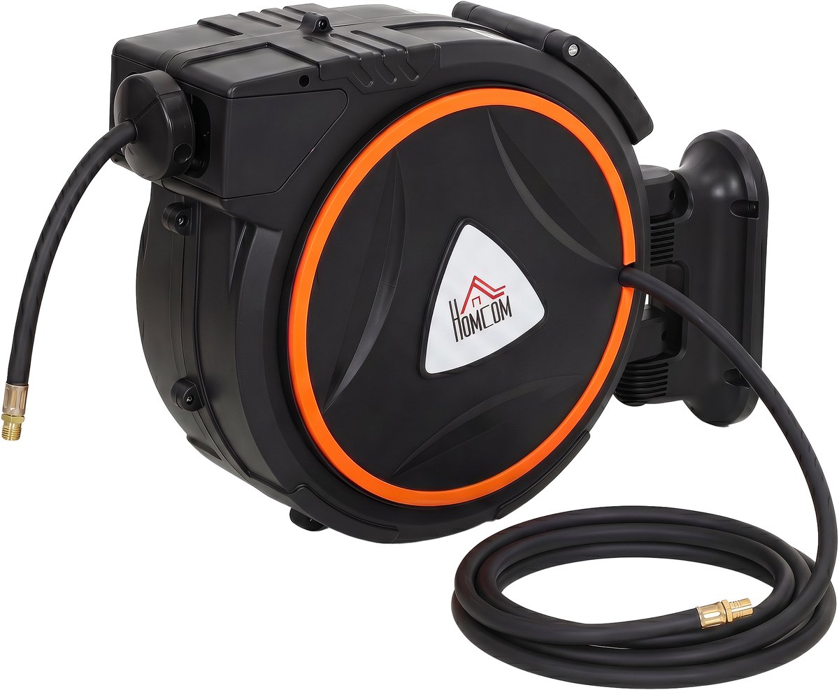 Automatisch Intrekbare slanghaspel 20 m, max. 300 bar, wandmontage en 180° draaibaar, zwart en oranje