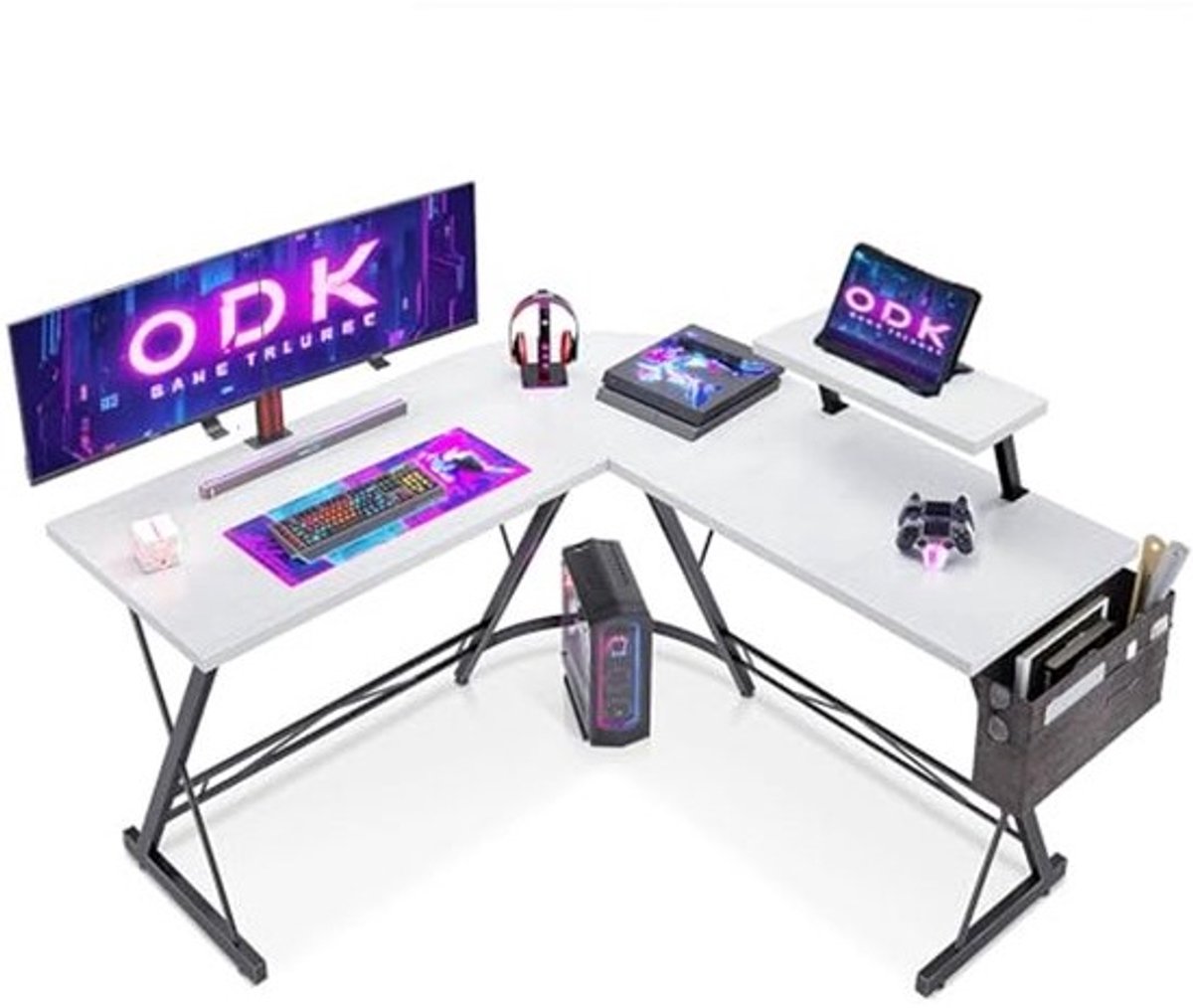 ODK Gamingtafel, gamingbureau hoekbureau voor gamers, bureau L-vorm met monitorstandaard voor kantoor (Wit, 127 x 127 cm)