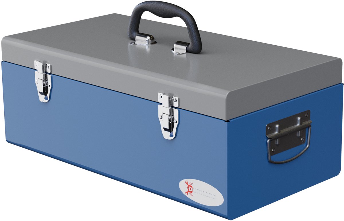 Verplaatsbare metalen gereedschapskist met 3 handgrepen, 2 sluitingen, afmetingen 50L x 26B x 18,5H cm, blauw