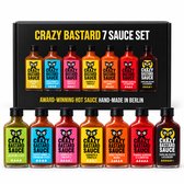 Crazy Bastard 7 Sauce Set – 7 x 100ml – Hot Sauce Gift Set – Pittige Sauzen van Mild tot Extreem Heet – Jalapeño, Habanero, Ghost Pepper, Carolina Reaper – Cadeau voor Pittige Eters & BBQ