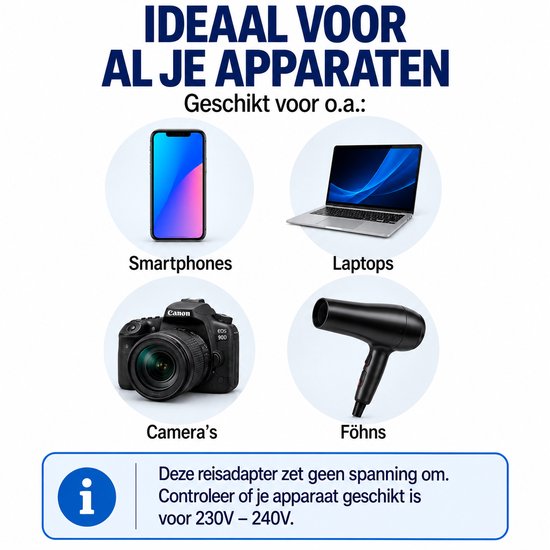 Illustratie met een smartphone, laptop, camera en föhn. "IDEAAL VOOR AL JE APPARATEN"