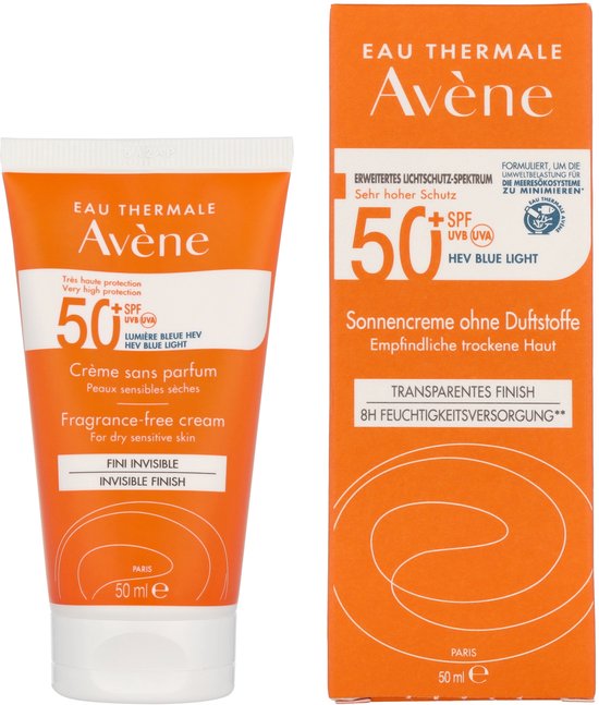 Oranje crème tube en doosje met "Avène" logo, "50" en "SPF 50+". Tekst: "Sonnenschutzcreme ohne Duftstoffe". Beschermt tegen UV licht.