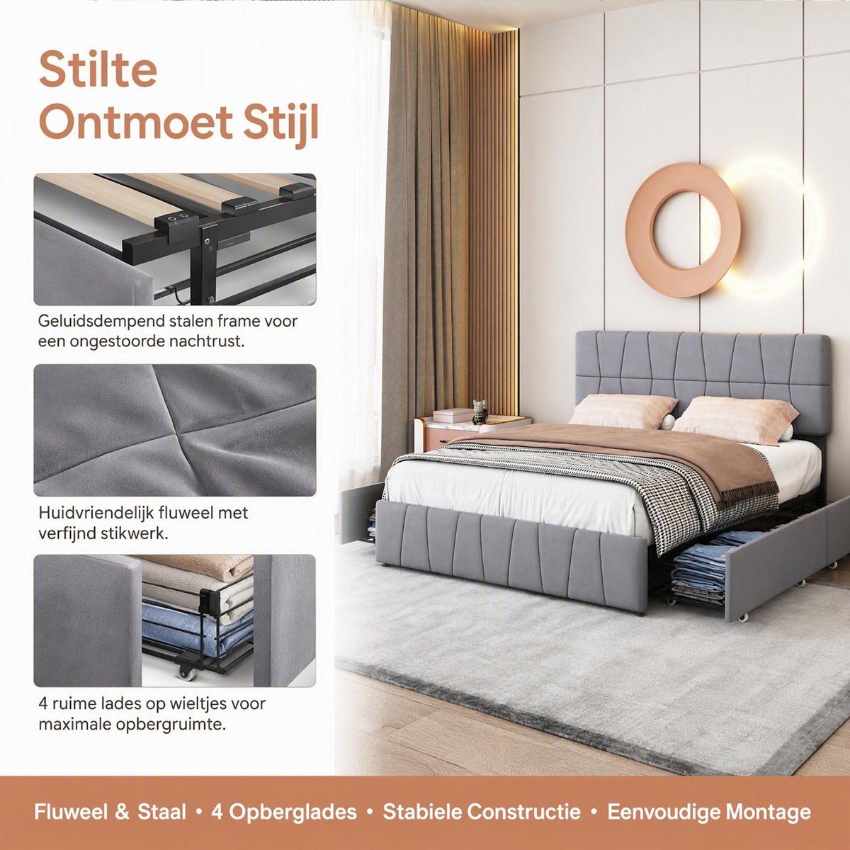 Gestoffeerd bed 160 x 200 - tweepersoonsbed - ledikant - bed - opberg bed - gestofeerd bed - tweepersoonsbed met opbergruimte - gestoffeerd bed met opbergruimte - Met 4 metalen lades - fluweel stof - grijs - Veilig Zachte Randen — cadeau in Cadeau-ideeën - foto 5
