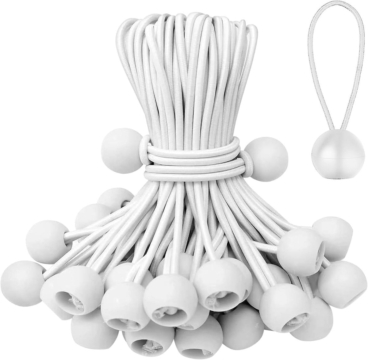 Elastisch koord - 50 stuks - Spanelastiek met bal - Elastiek koord - Elastiek met bal - voor Kamperen, Vlaggen en Zeildoekbevestigingen - Tentspanner / Zeilspanner / Bootzeil / Spanrubber - Hoog draagvermogen - Stevig en duurzaam - Wit