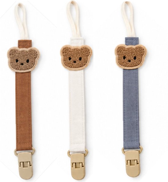 Drie speenkoorden in bruin, beige en blauw met teddybeerapplicatie.