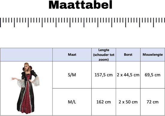 Maattabel voor een luxe vampierjurk met foto van model in zwart-rode jurk en kolomnamen maat, lengte, borst en mouwlengte.