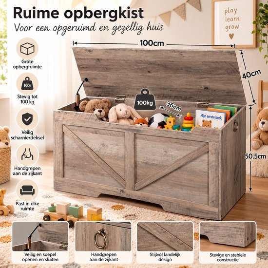 Signature Home Speelgoedkist – Grote Opbergkist met Deksel – Houten Speelgoed Opbergkist – Opbergbox voor Speelgoed & Dekens – 100 x 40 x 50,5 cm – Grijs — afbeelding 5