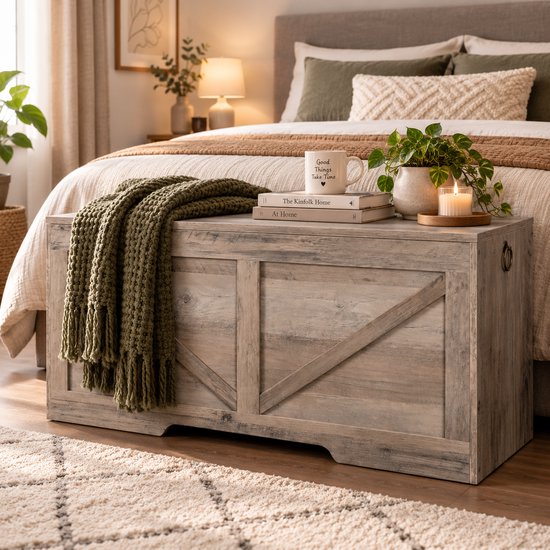 Signature Home Speelgoedkist – Grote Opbergkist met Deksel – Houten Speelgoed Opbergkist – Opbergbox voor Speelgoed & Dekens – 100 x 40 x 50,5 cm – Grijs — afbeelding 2