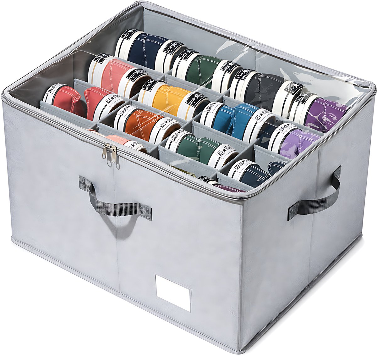 Schoenenopbergbox - 1 stuk - 16 vakken - verstelbare schotten - transparant deksel met rits - opvouwbaar - 53 x 43 x 33 cm - grijs - voor kledingkast en hal - Geschikt voor 16 Paar - Ruimtebesparend - Ontwerp met zichtbaar compartiment - Opbergbak