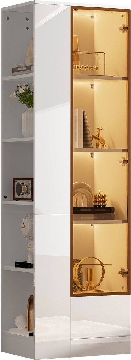 Vitrinekast Met Ledverlichting - Glazen Deur - Lades En Open Vakken - Hoge Opbergkast Voor Woonkamer En Eetkamer - Wit Spaanplaat En Glas 160 cm