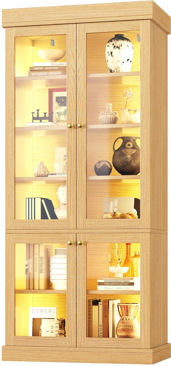 Hoge Vitrinekast Met Ledverlichting - Staande Vitrinekast Met Glazen Deuren - Legplanken Voor Woonkamer - MDF En Glas - Naturel Houtlook - 160 x 40 x 180 cm