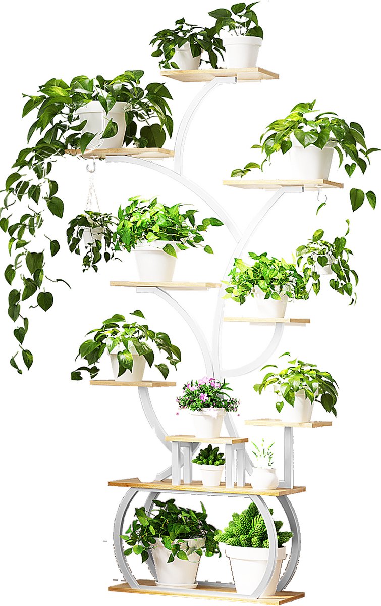 LEADZM-Plantenrek met 8 Niveaus - Plantentrap - 150 cm Hoog - Industrieel Design - Metaal & Hout - Woonkamer & Balkon -Wit