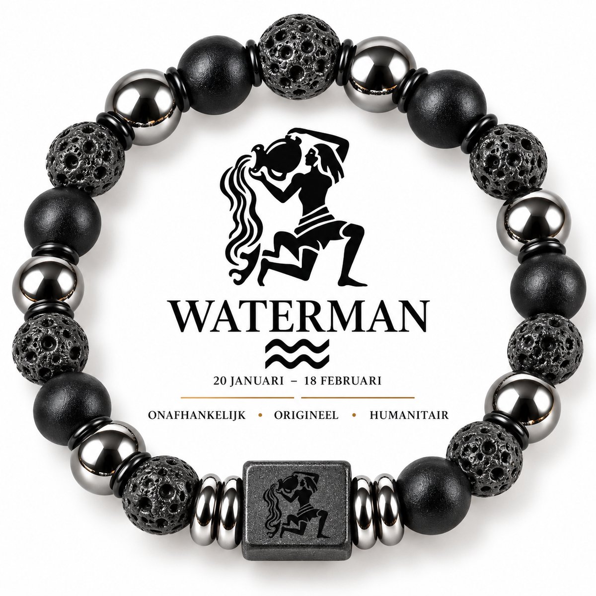 S4H Sterrenbeeld Armband Waterman 18 cm – 8mm Kralen – Lavasteen, Mat Zwarte Agaat & Hematiet – Unisex