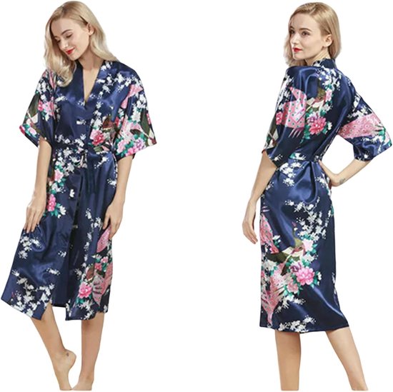 Gown Womens Silk Satin Kimono Robes Long Sleepwear Dressing Gown Floral Peacock Printed Pattern Party Wedding Bridesmaid Bathrobe-rose Red-s — afbeelding 4