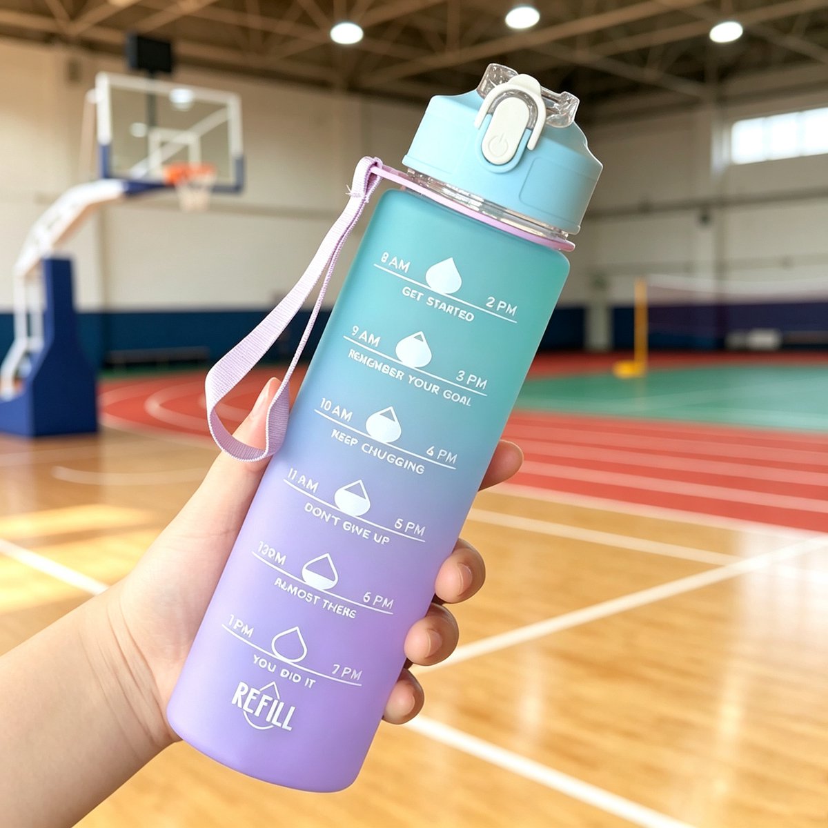 750 ml drinkfles met drinktijdindicator rietje en draaghandvat lekvrij en BPA-vrij zonder giftige stoffen sport en buiten drinkbeker afmetingen 6,5 x 24,5 cm groen met kleurverloop
