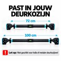 Twee zwarte optrekstangen naast elkaar, met maten 72 cm en 100 cm, en waarschuwing "Niet geschikt voor holle of metalen deurkozijnen!".