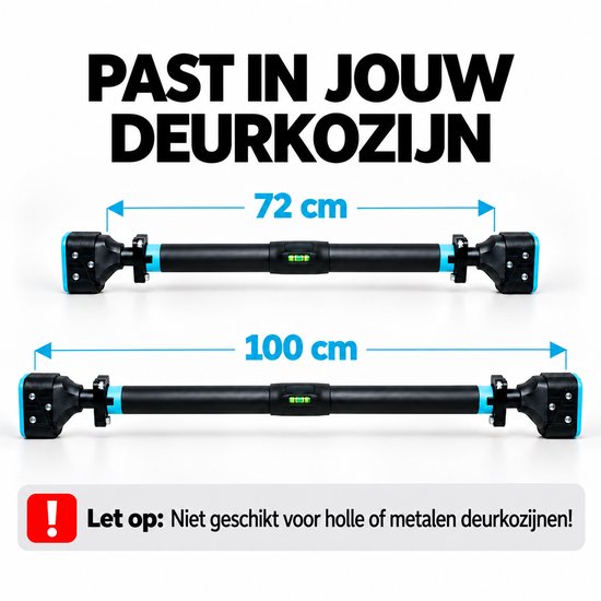 Twee zwarte optrekstangen naast elkaar, met maten 72 cm en 100 cm, en waarschuwing "Niet geschikt voor holle of metalen deurkozijnen!".