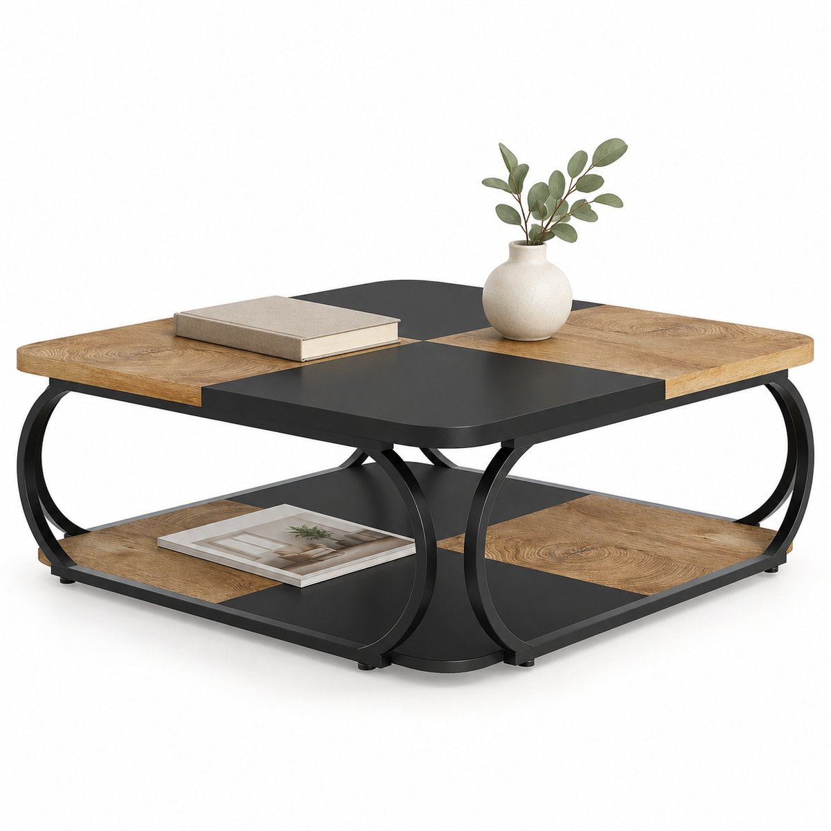 DMG Supply Salontafel - Vierkant - 2 Niveaus - 100 x 100 x 50 cm - Bruin en Zwart - Spaanplaat en Metaal