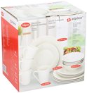 16-delige Alpina dinerset: 4 dinerborden (25,5 cm), 4 dessertborden (20,5 cm), 4 kommen (15,5 cm) en 4 mokken (220 ml). Wit keramiek.