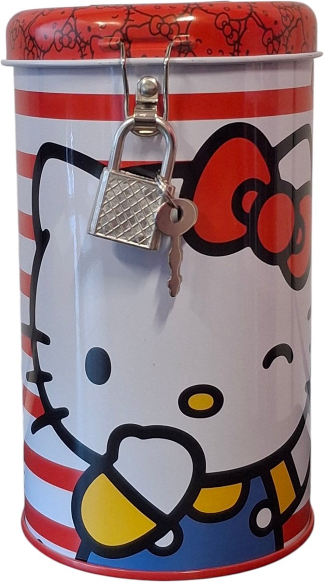Spaarpot met slot voor kinderen cilindervormig – Hello Kitty Gestreept Design