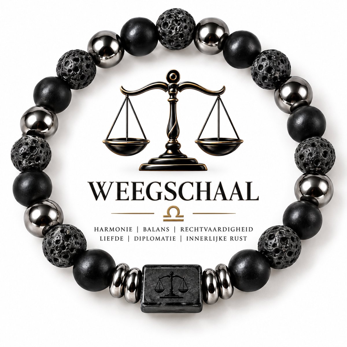 S4H Sterrenbeeld Armband Weegschaal 18 cm – 8mm Kralen – Lavasteen, Mat Zwarte Agaat & Hematiet – Unisex
