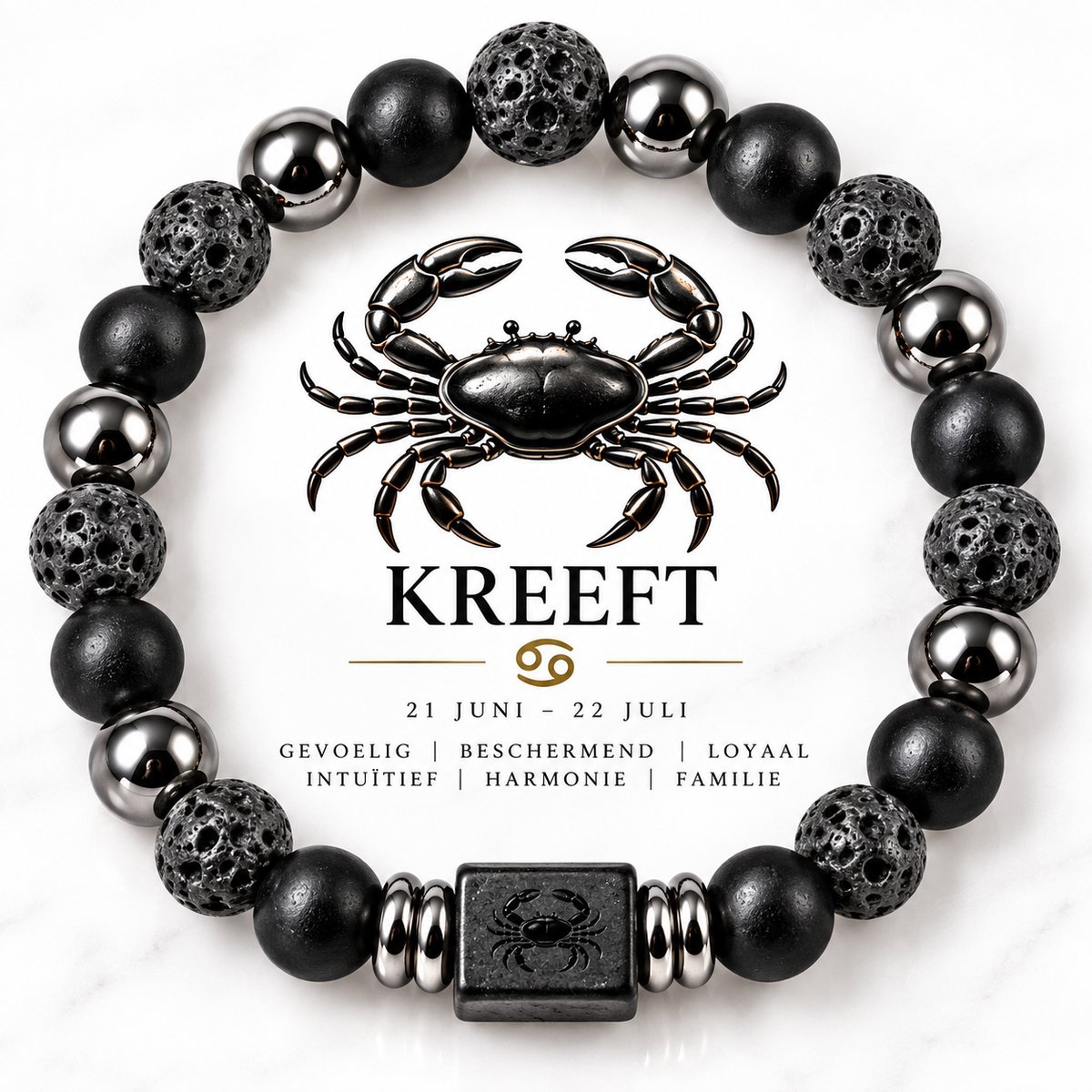 S4H® Kreeft Sterrenbeeld Armband – 18 cm – 8 mm Lavasteen, Zwarte Agaat & Hematiet – Cancer Zodiac Edelstenen Armband – Dames & Heren