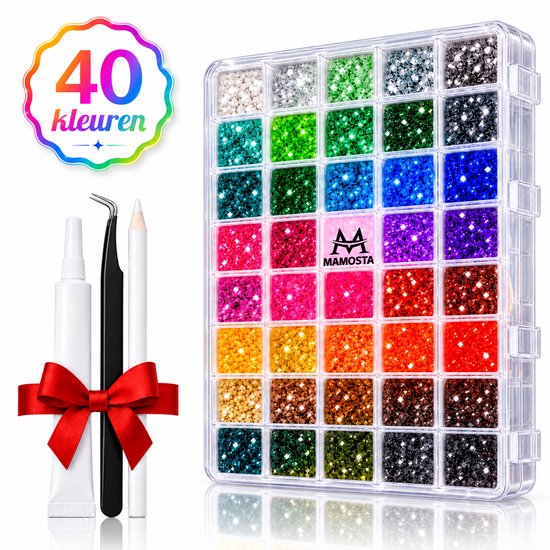 Koffer met 40 kleuren glinsterende strass steentjes, lijm, pincet en waxpotlood. Rode strik aan de zijkant. Compleet DIY set.