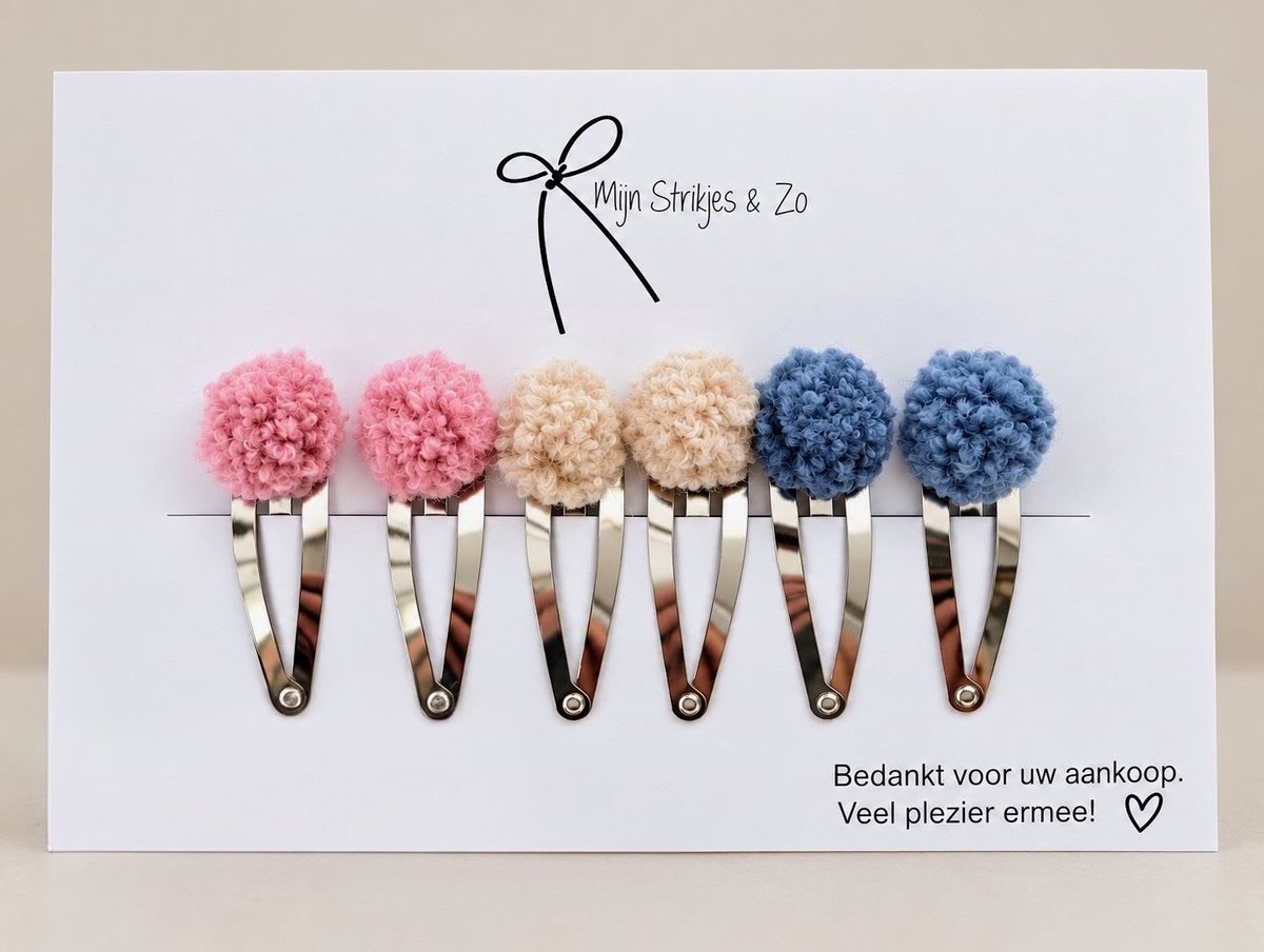 Pompom wol klik klak spelden set 4 cm baby meisjes haaraccesoires stevige clips roze,offwhite,blauw