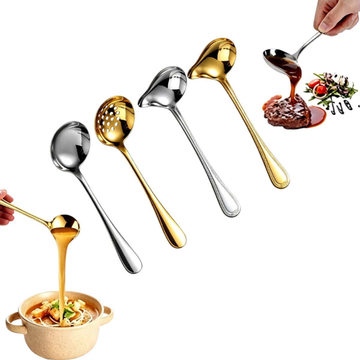 4x RVS Sauslepel – Grote Soeplepel met Lange Steel - praktisch en multifunctioneel keukengereedschap – Opscheplepel voor Stoofgerechten en Hotpot – Zilver+Goud