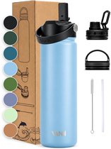 VANN® 3-Wandige RVS Drinkfles 650 ML met rietje voor volwassenen – Met 5 accessoires – Thermosfles – 24 uur koud/12 uur warm – Bay Blue – VANN Ultimate Bottle®