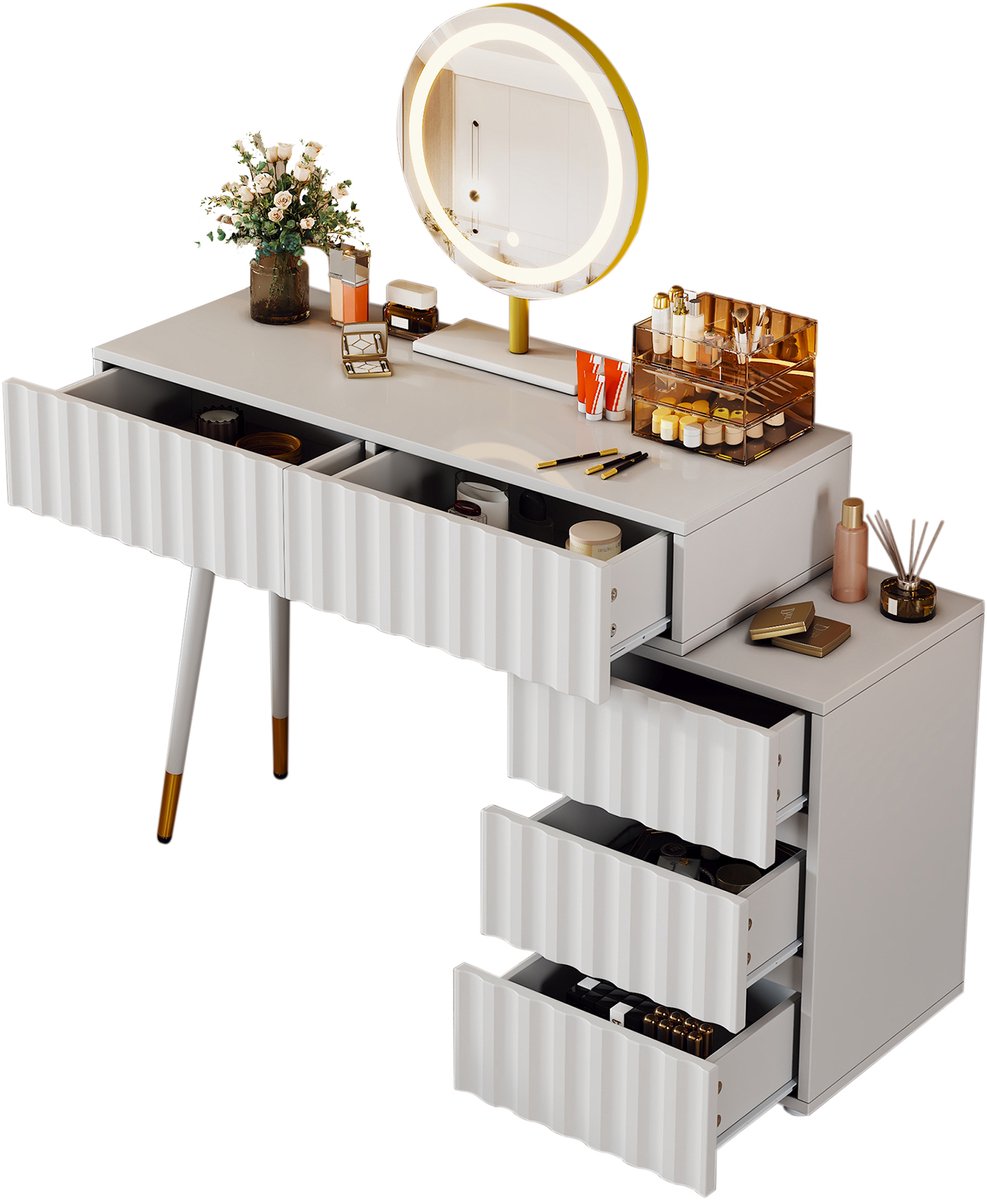 Kaptafel Met Spiegel En Ledverlichting - Vijf Ruime Laden Voor Cosmetica - Make Uptafel Voor De Slaapkamer - Wit MDF En Spaanplaat