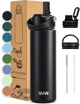 VANN® 3-Wandige RVS Drinkfles 650 ML met rietje voor volwassenen – Met 5 accessoires – Thermosfles – 24 uur koud/12 uur warm – Satin Noir – VANN Ultimate Bottle®