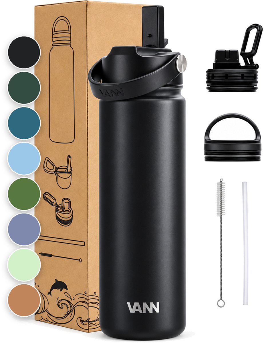 Bol.com VANN® 3-Wandige RVS Drinkfles 650 ML met rietje voor volwassenen – Met 5 accessoires – Thermosfles – 24 uur koud/12 uur ... aanbieding