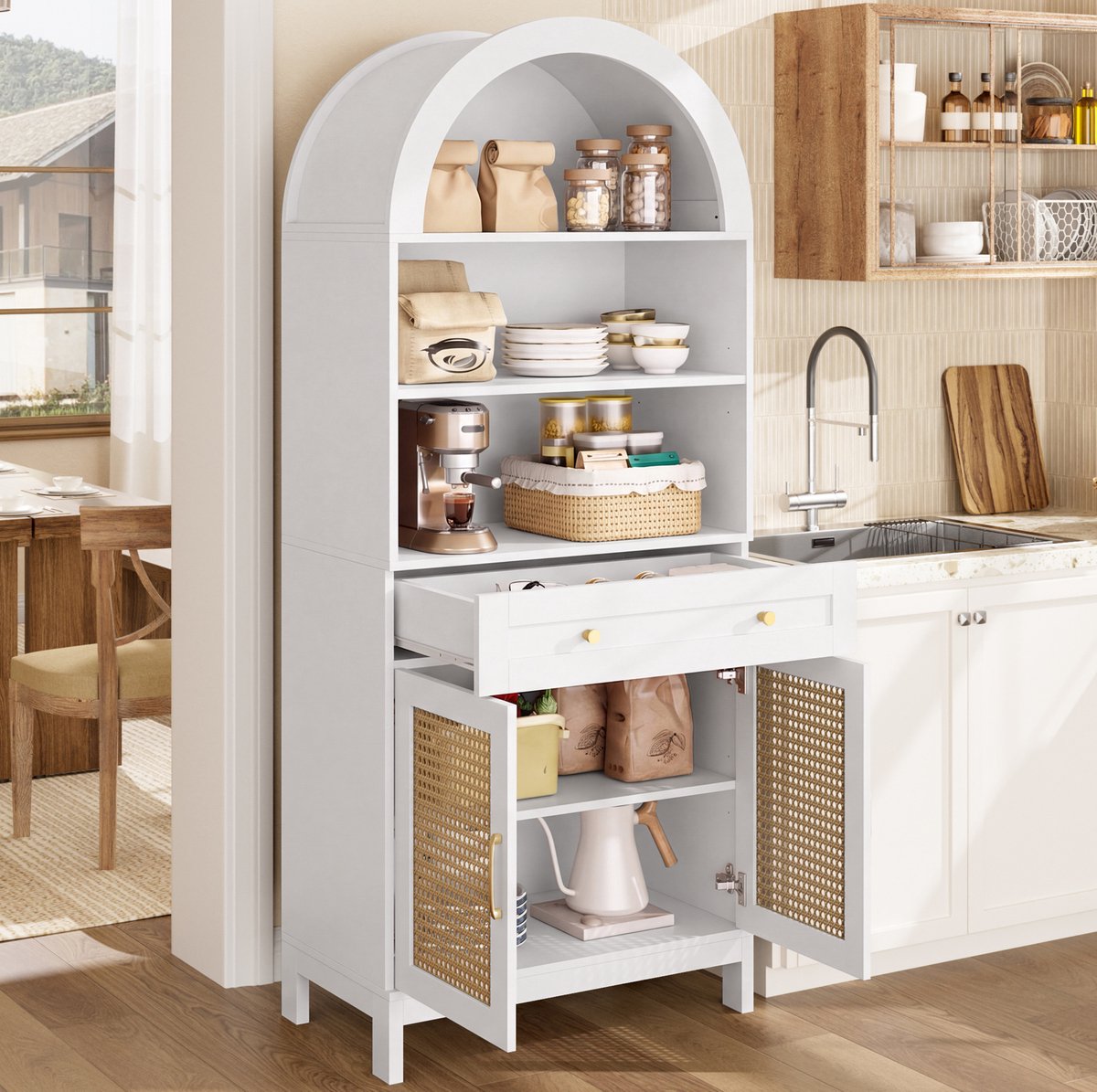 HAUSS SPOLE Buffetkast - Boogvormig Met Rattandeuren En Lade - Voor Woonkamer En Hal - MDF En Spaanplaat - 70x40x170 Cm - Wit En Houtlook