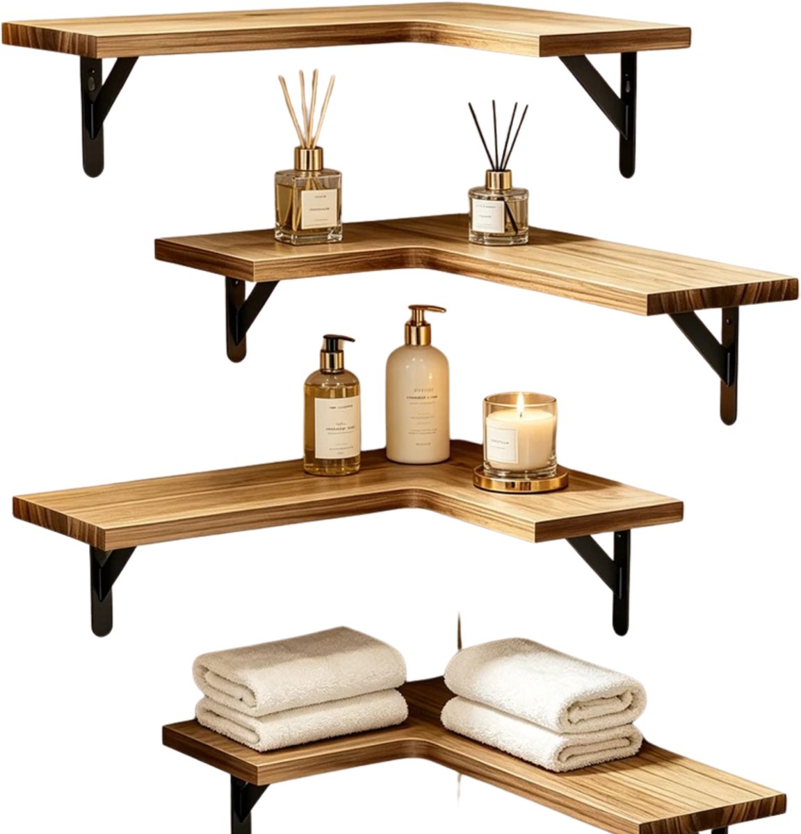 Homezo zwevende wandplanken - L-vormige hoekplanken - 4-delig - Paulowniahout - Woon/slaap/badkamer, Keuken - Tot 13,6 kg op plank