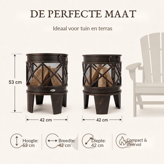 Afmetingen van de donkere bronzen vuurkorf: Hoogte 53 cm, Breedte 42 cm, Diepte 42 cm. Compact & sfeervol.