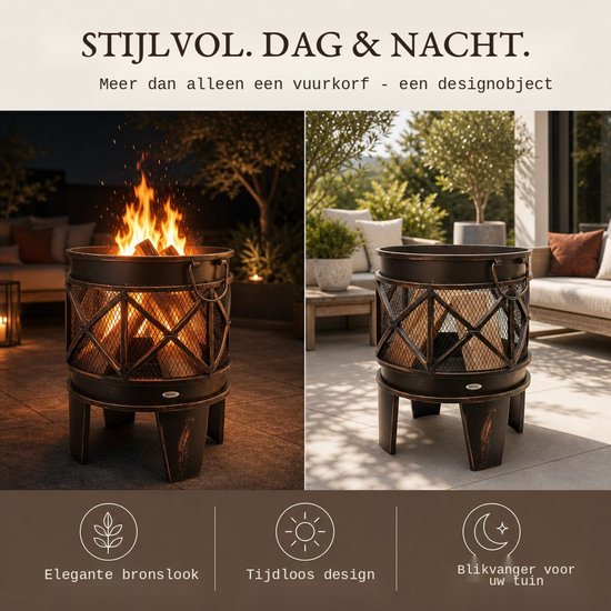 Donkere bronzen vuurkorf 's avonds met vlammen en overdag, heeft een elegante bronzen look, tijdloos design, blikvanger.