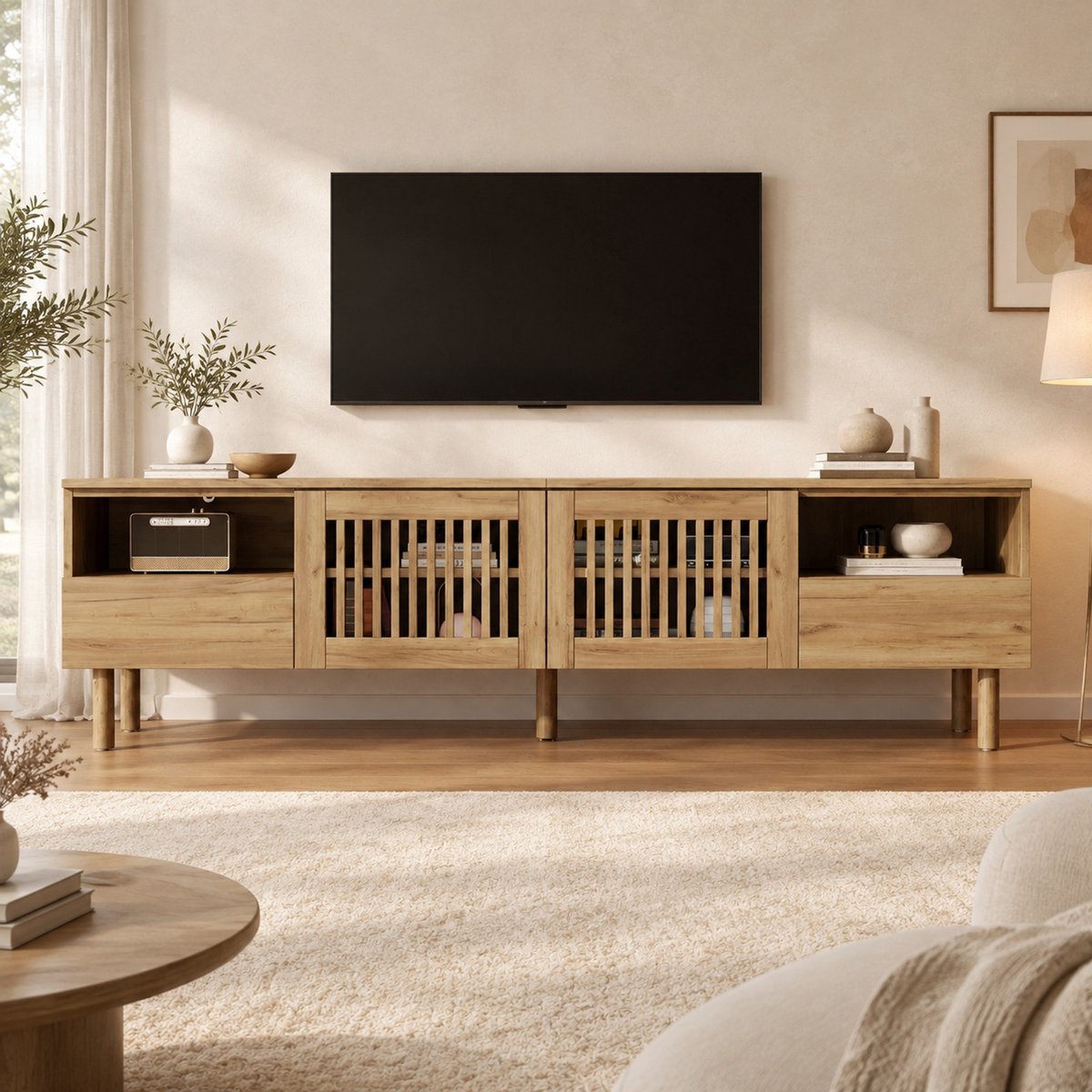 DESMIU Tv-Meubel - Modern Tv-Dressoir Met 2 Rasterdeuren, 2 Lades En Open Vakken - Woonkamer - MDF - 180x40x51 Cm - Natuurlijke Houtkleur