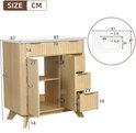 Technisch schema van het 81x47x90 cm badmeubel met afmetingen en open deuren en lades.