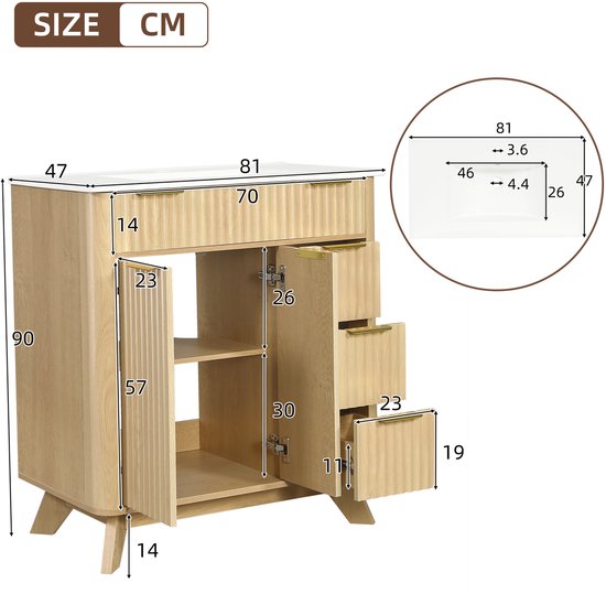 Technisch schema van het 81x47x90 cm badmeubel met afmetingen en open deuren en lades.