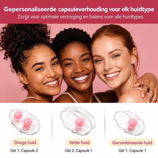 Drie vrouwen met verschillende huidtinten glimlachen. Hieronder capsules voor droge, vette en gecombineerde huid.