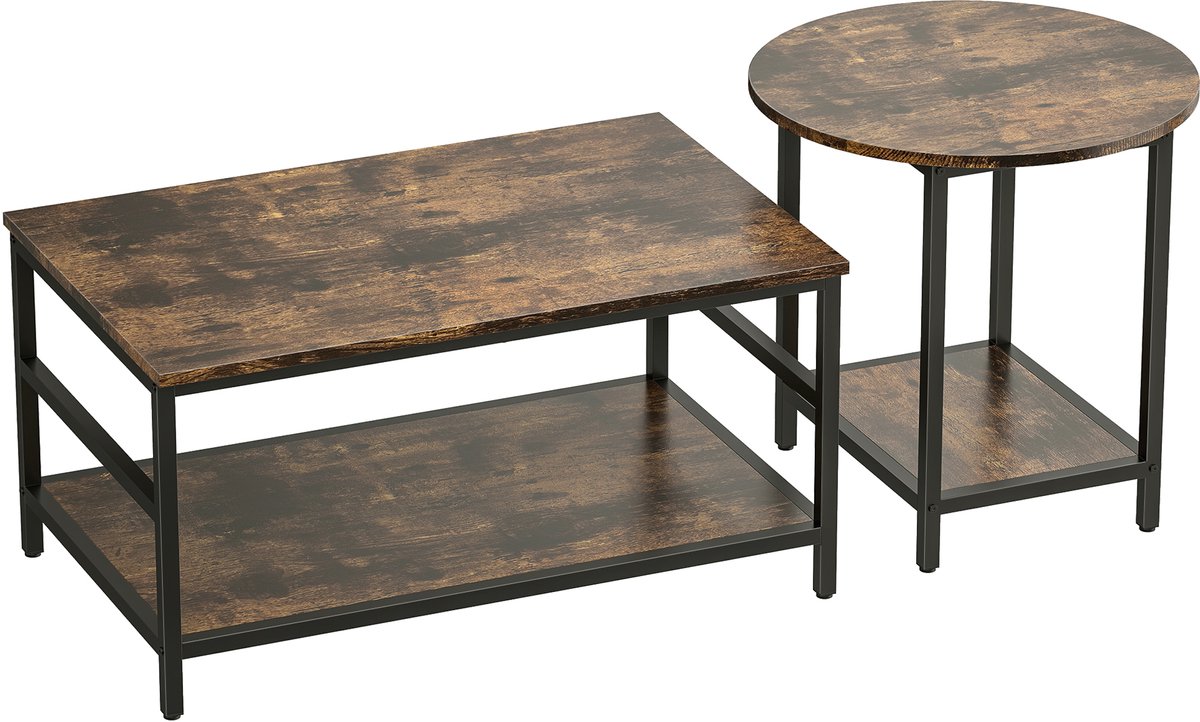 Homona 2-delige salontafelset - Rechthoekig en rond - Met 2-laags opbergruimte - Spaanplaat en staal - 80 x 54 x 41 cm en Ø60 x 51 cm - Rustiek bruin en zwart